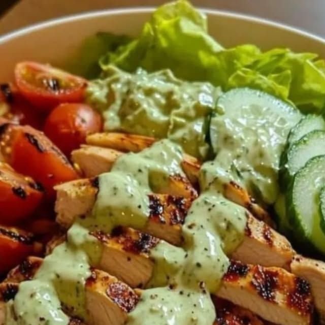 Grilled Chicken Avocado Salad with Corn, Cucumber, Tomatoes & Creamy Herb Dressing