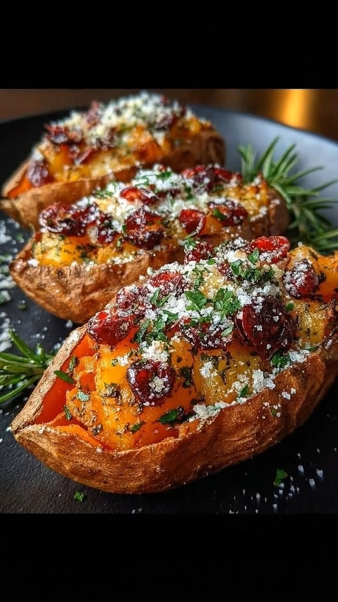 Cranberry Orange Stuffed Sweet Potatoes with Rosemary & Parmesan