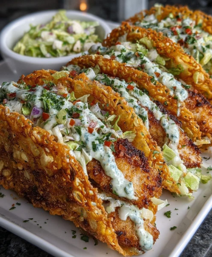 Crispy Cheesy Chicken Tacos with Creamy Herb Slaw