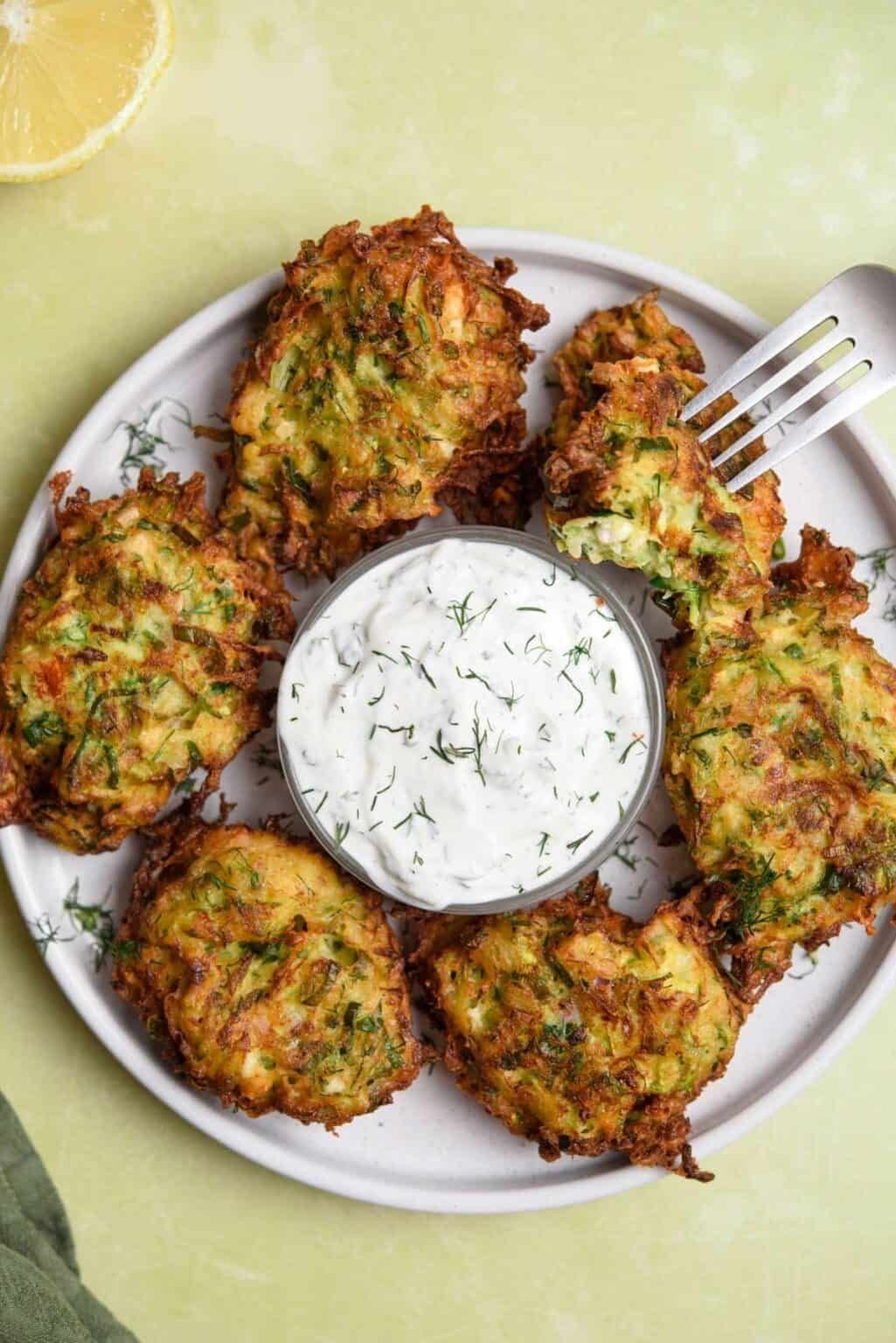 Crispy Zucchini Fritters with Creamy Dill Sauce