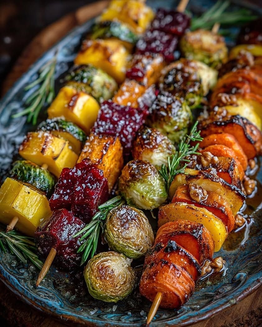 Caramelized Veggie Skewers with Walnut Crunch & Cranberry-Honey Glaze (Full Recipe)