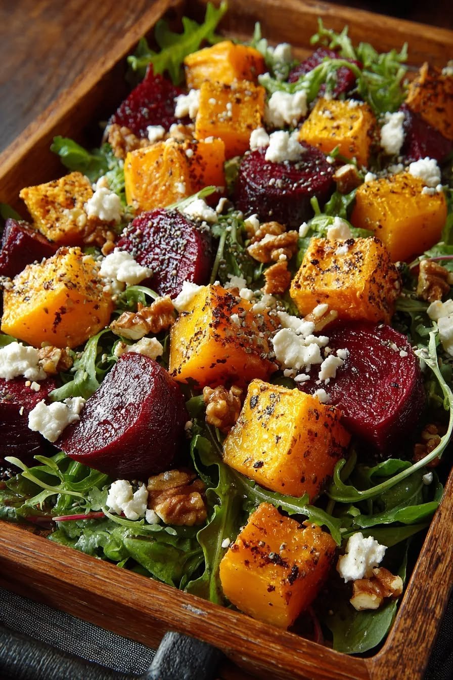 Roasted Pumpkin & Beetroot Salad with Feta, Greens & Toasted Nuts
