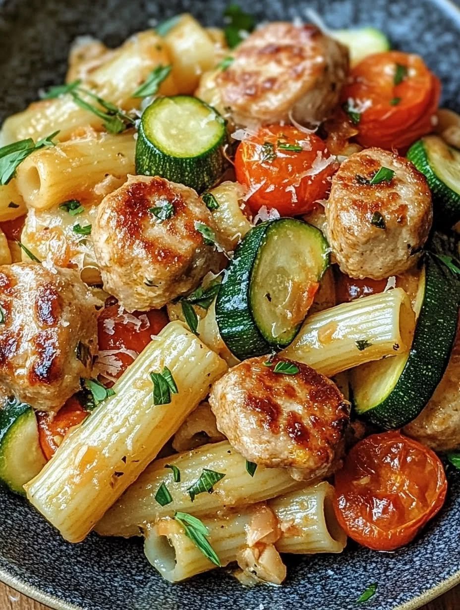 Chicken Sausages with Zucchini, Tomatoes & Pasta