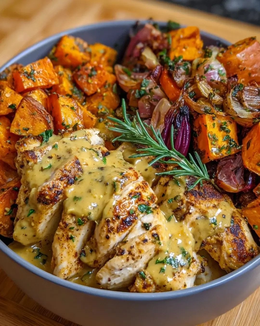 Maple Dijon Chicken Bowl with Roasted Sweet Potatoes & Veggies