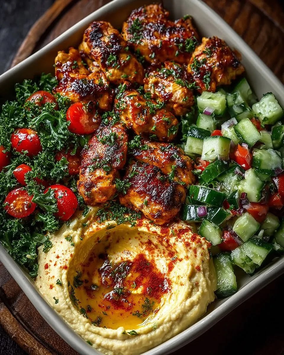 Lemon Chili Grilled Chicken Bowls with Fresh Cucumber Salad & Hummus