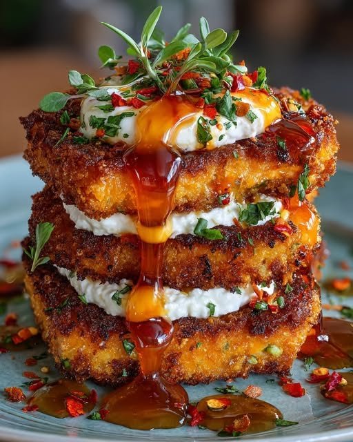 Crispy Sweet Potato Cakes with Feta Cream & Sriracha Honey