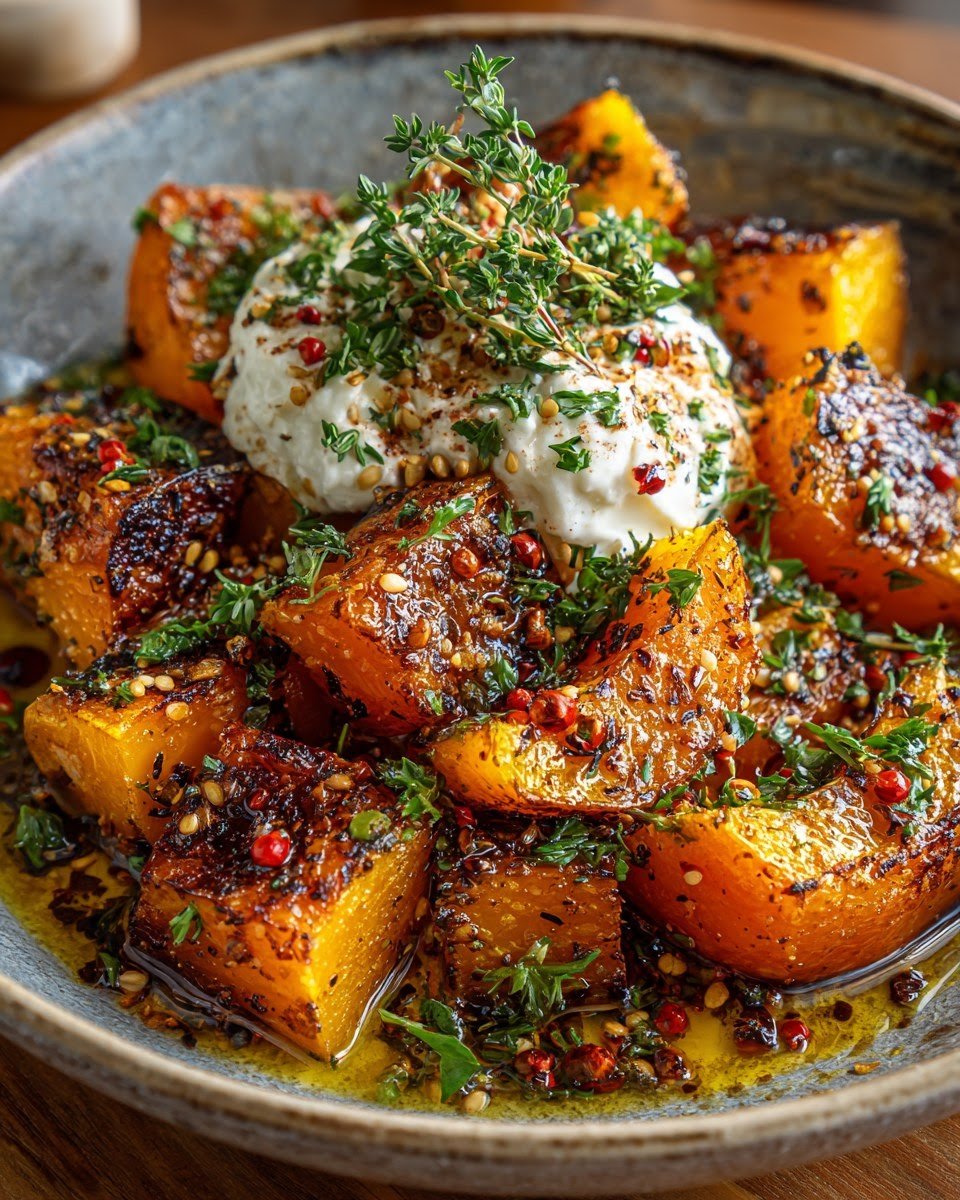 Crispy Smashed Butternut Squash with Brown Butter Whipped Feta & Maple Hot Honey