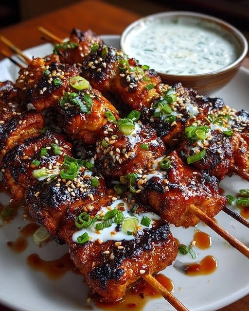 Sticky Soy Ginger Chicken Skewers with Sesame Yogurt