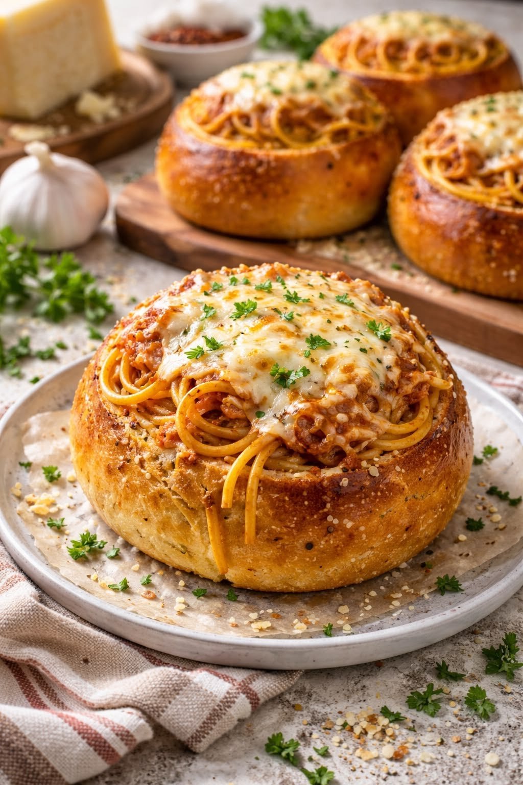 Cheesy Spaghetti in Garlic Bread Bowls (Ultimate Comfort Food)
