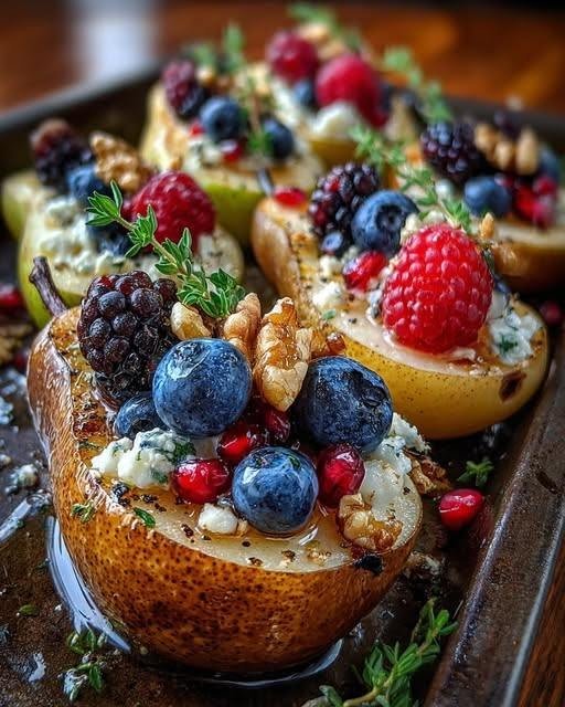 Roasted Pears with Berries, Honey, Walnuts & Blue Cheese