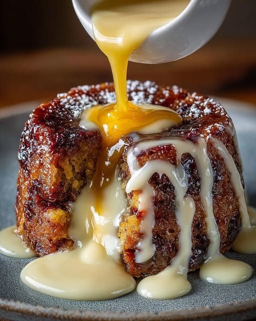 Sticky Rhubarb Pudding with Vanilla Custard Sauce & Caramelized Edges