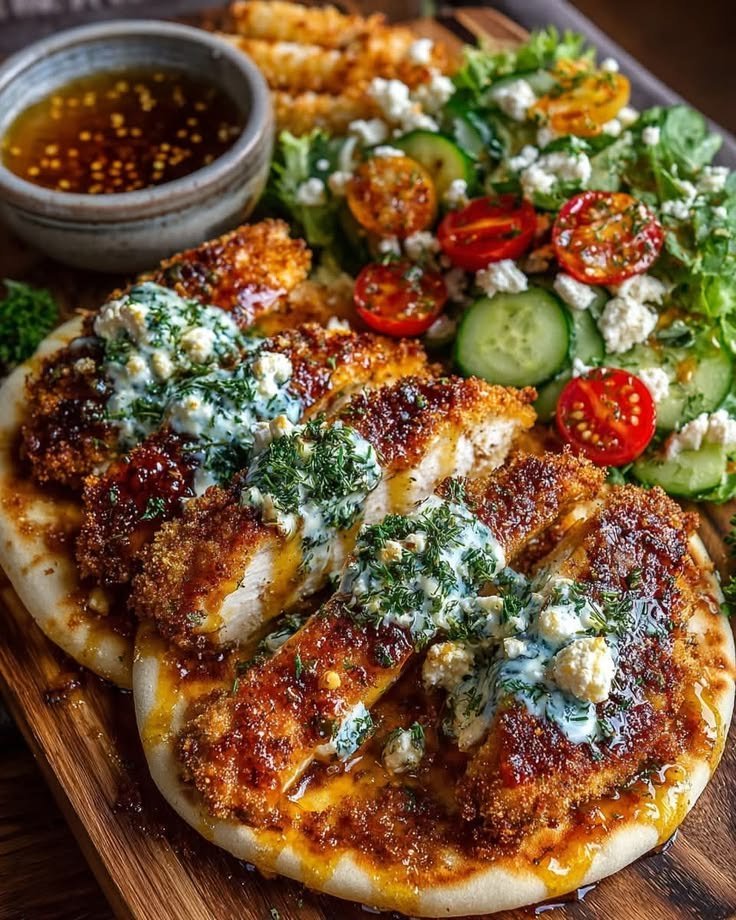 Crispy Baked Hot Honey Feta Chicken Pita with Herb Garlic Sauce Drizzle
