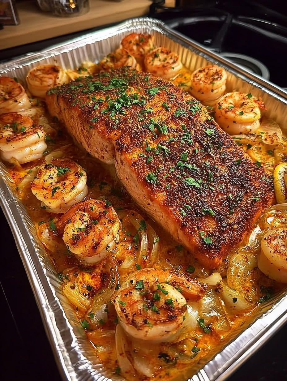 Cajun Butter Salmon & Shrimp Bake