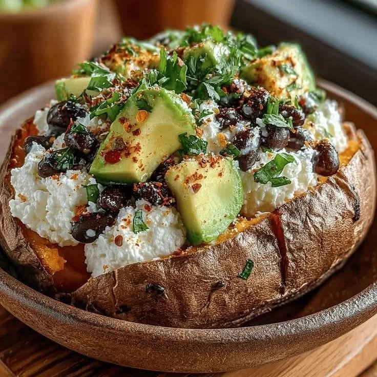 Mediterranean Stuffed Sweet Potato with Cottage Cheese, Avocado & Black Beans