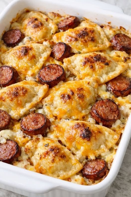 Polish-Style Cheesy Pierogi & Kielbasa Bake