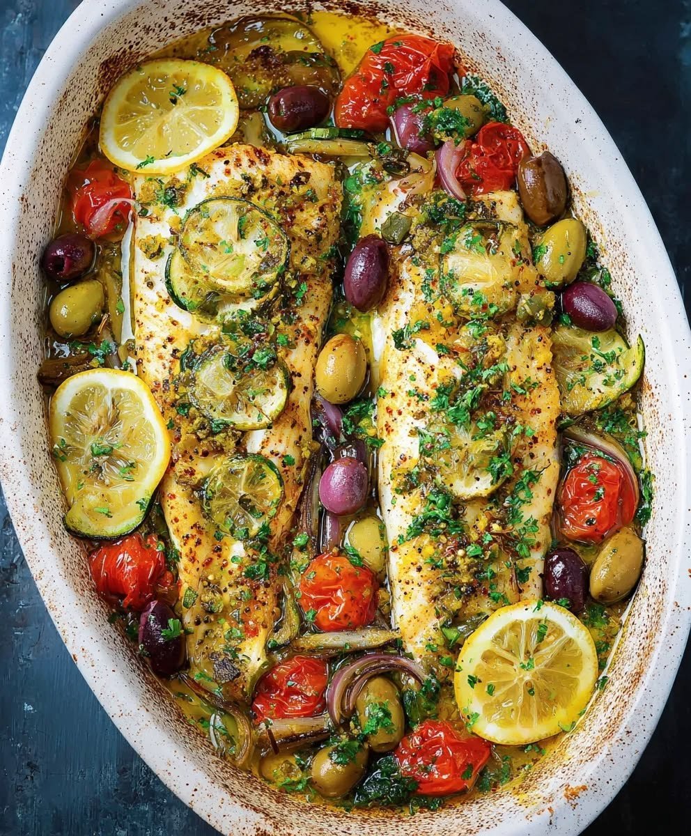 Mediterranean Baked Fish with Lemon, Herbs & Vegetables